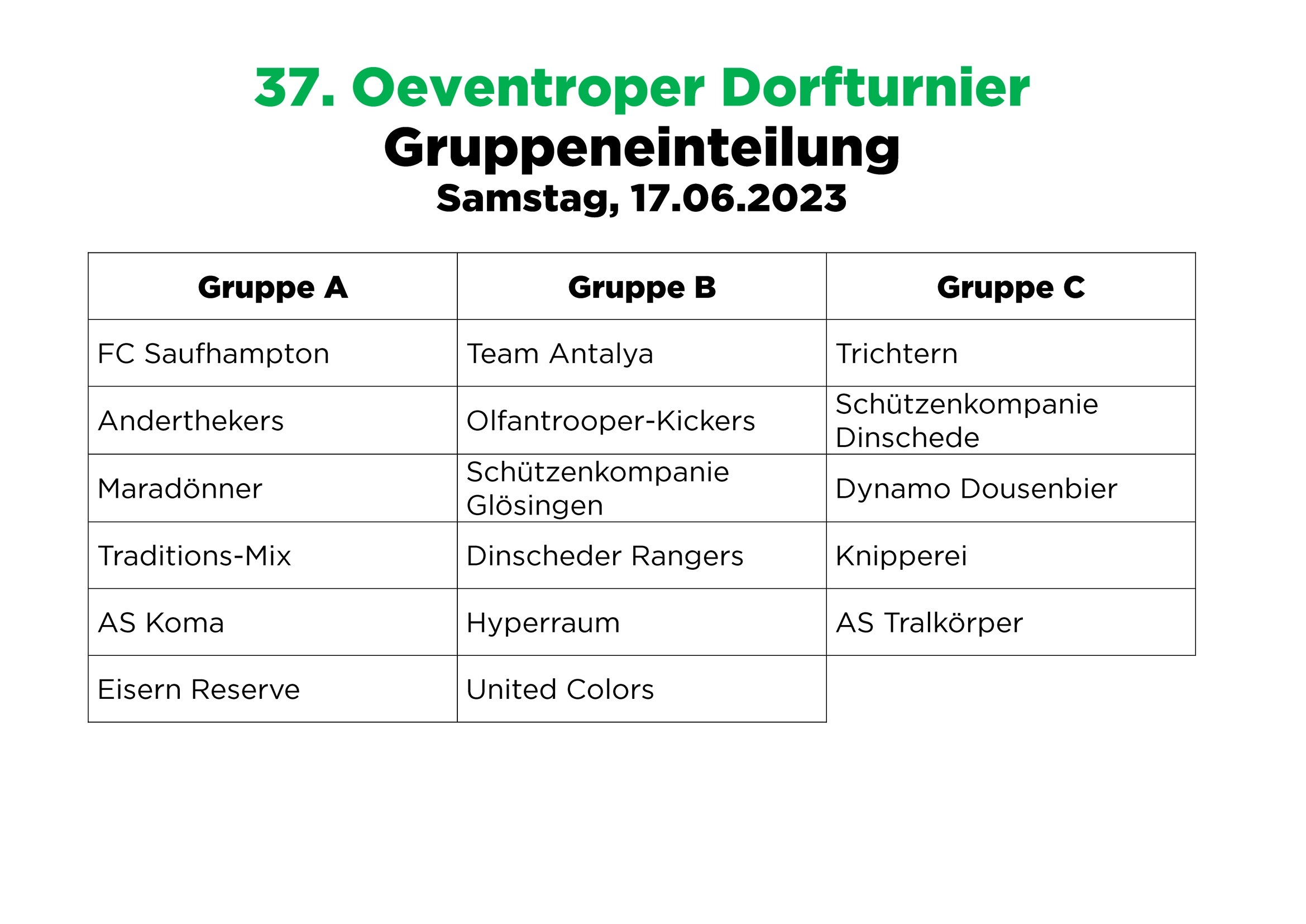 Gruppeneinteilung Dorfturnier 2023